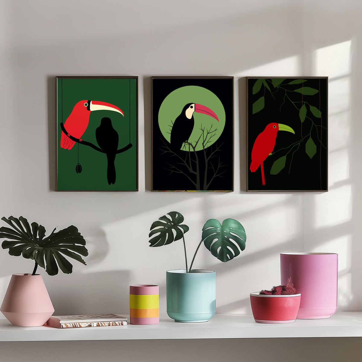 Toucan Set of Three Art Prints - Red and Black Tropical Birds on Jungle Green - Minimalist Mid Century Illustration Poster