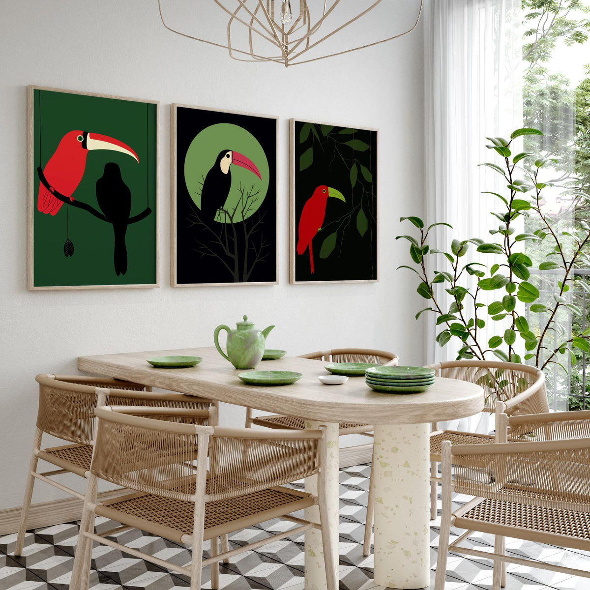 Toucan Set of Three Art Prints - Red and Black Tropical Birds on Jungle Green - Minimalist Mid Century Illustration Poster