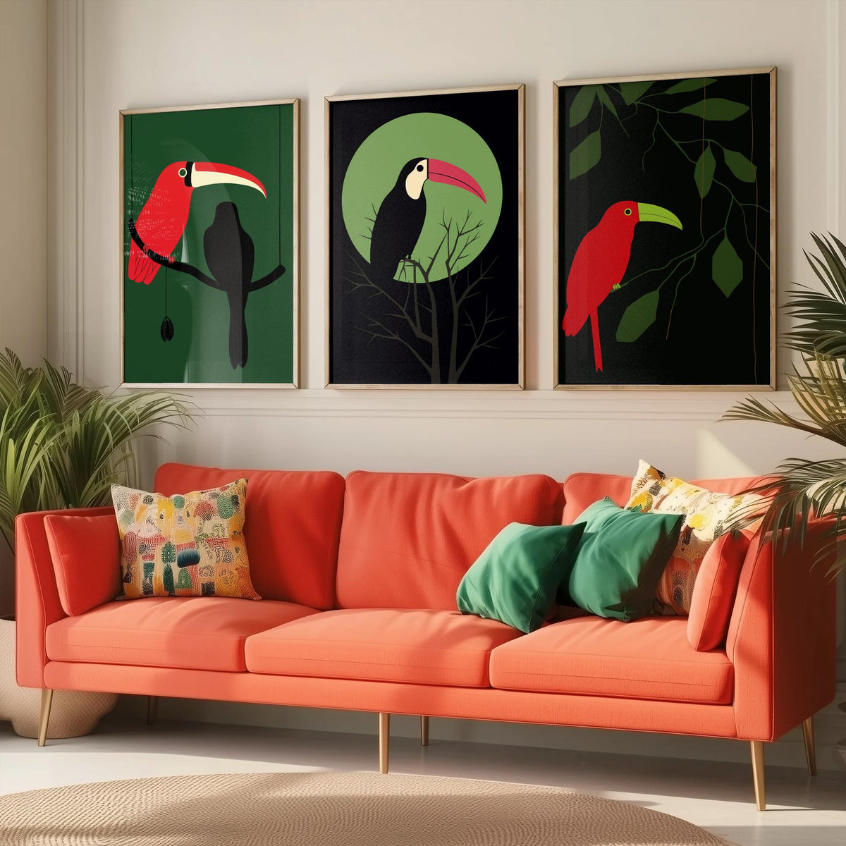 Toucan Set of Three Art Prints - Red and Black Tropical Birds on Jungle Green - Minimalist Mid Century Illustration Poster