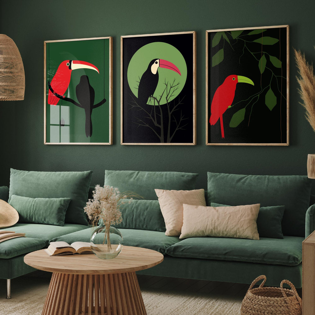 Toucan Set of Three Art Prints - Red and Black Tropical Birds on Jungle Green - Minimalist Mid Century Illustration Poster