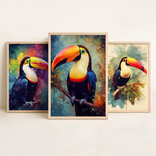 Toucan Set of Three Art Prints - Paint Splatter Nebula, Palm Splash, Low Poly Facets - Brush Strokes Tropical Bird Illustration Poster