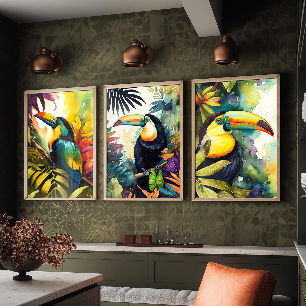 Colourful Toucan Set of Three Art Prints - 3 Tropical Bird Watercolour Paintings - Jungle Leaves Poster