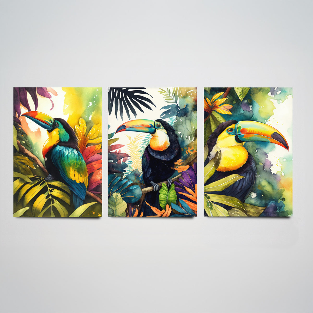 Colourful Toucan Set of Three Art Prints - 3 Tropical Bird Watercolour Paintings - Jungle Leaves Poster