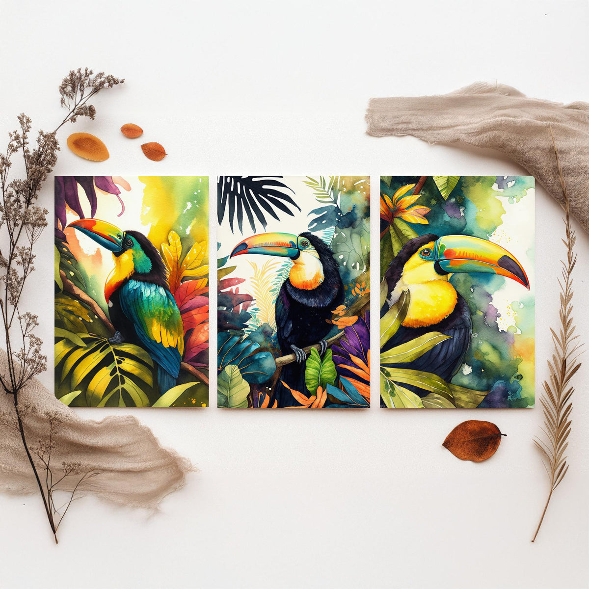 Colourful Toucan Set of Three Art Prints - 3 Tropical Bird Watercolour Paintings - Jungle Leaves Poster