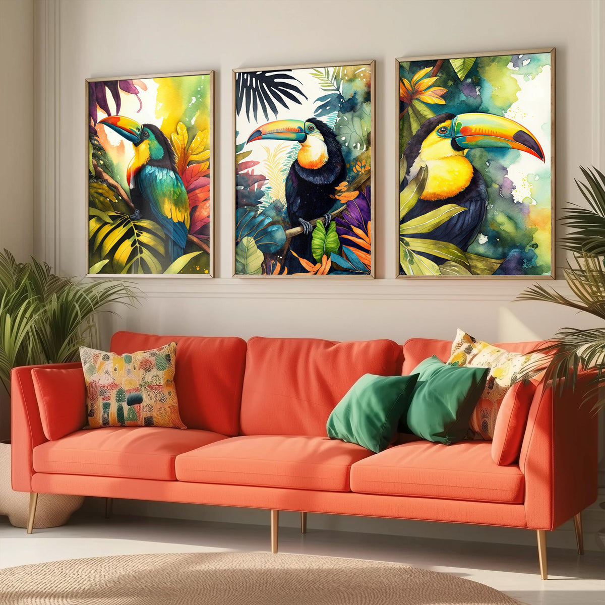 Colourful Toucan Set of Three Art Prints - 3 Tropical Bird Watercolour Paintings - Jungle Leaves Poster