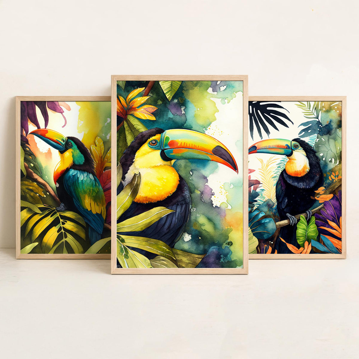 Colourful Toucan Set of Three Art Prints - 3 Tropical Bird Watercolour Paintings - Jungle Leaves Poster