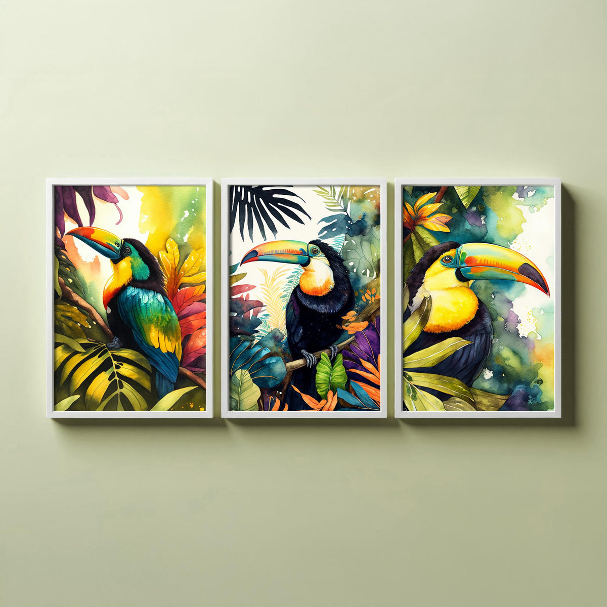 Colourful Toucan Set of Three Art Prints - 3 Tropical Bird Watercolour Paintings - Jungle Leaves Poster