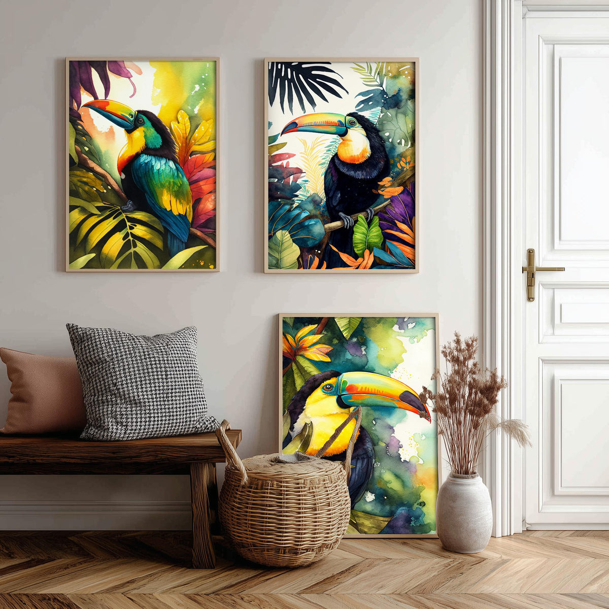 Colourful Toucan Set of Three Art Prints - 3 Tropical Bird Watercolour Paintings - Jungle Leaves Poster