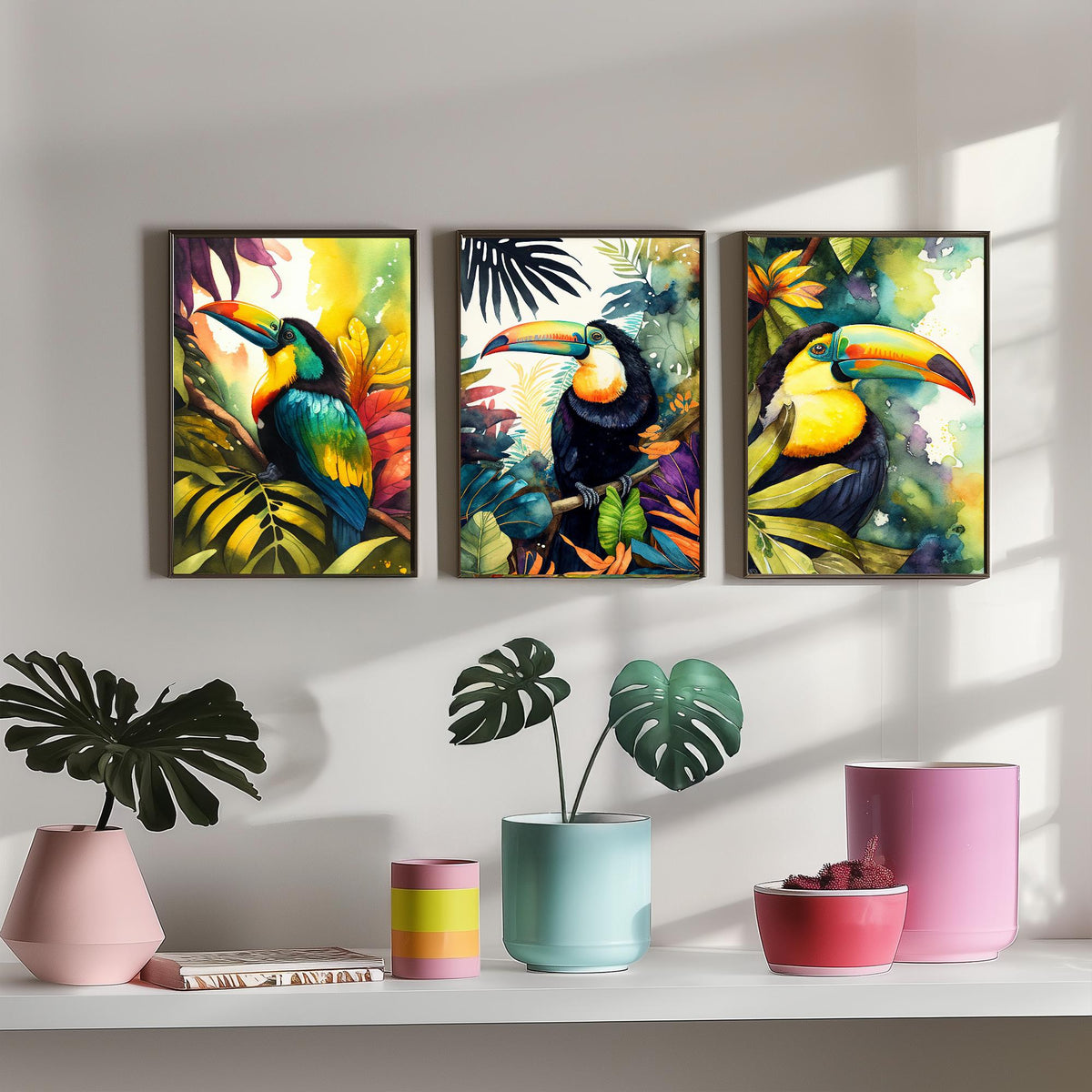 Colourful Toucan Set of Three Art Prints - 3 Tropical Bird Watercolour Paintings - Jungle Leaves Poster