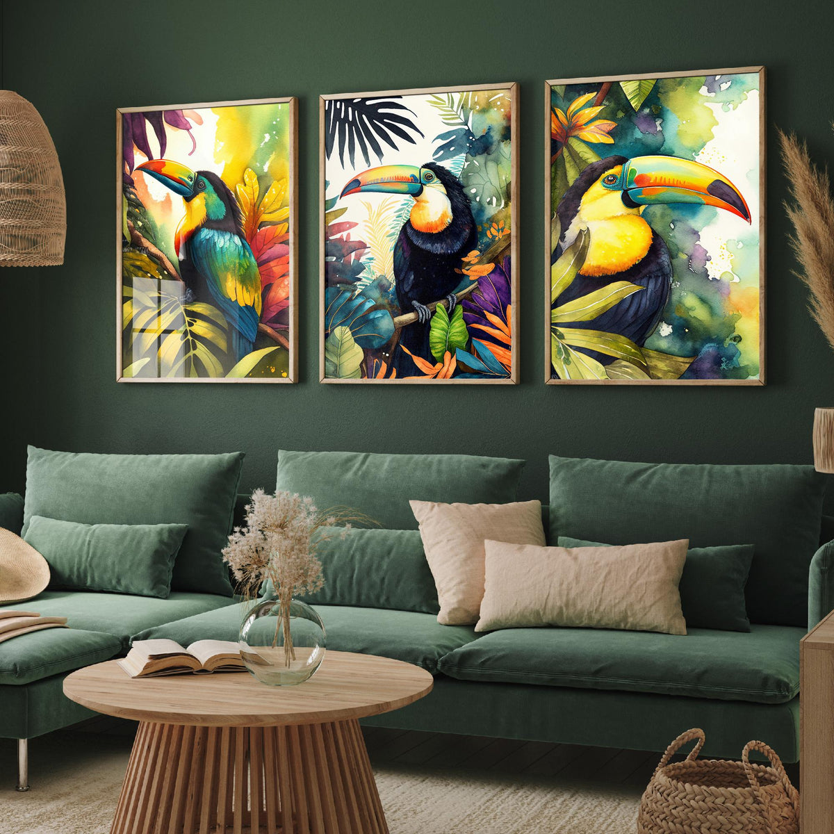 Colourful Toucan Set of Three Art Prints - 3 Tropical Bird Watercolour Paintings - Jungle Leaves Poster
