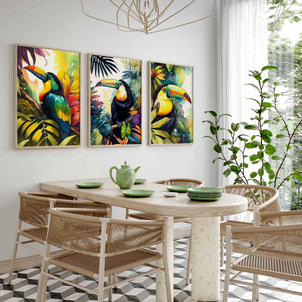 Colourful Toucan Set of Three Art Prints - 3 Tropical Bird Watercolour Paintings - Jungle Leaves Poster