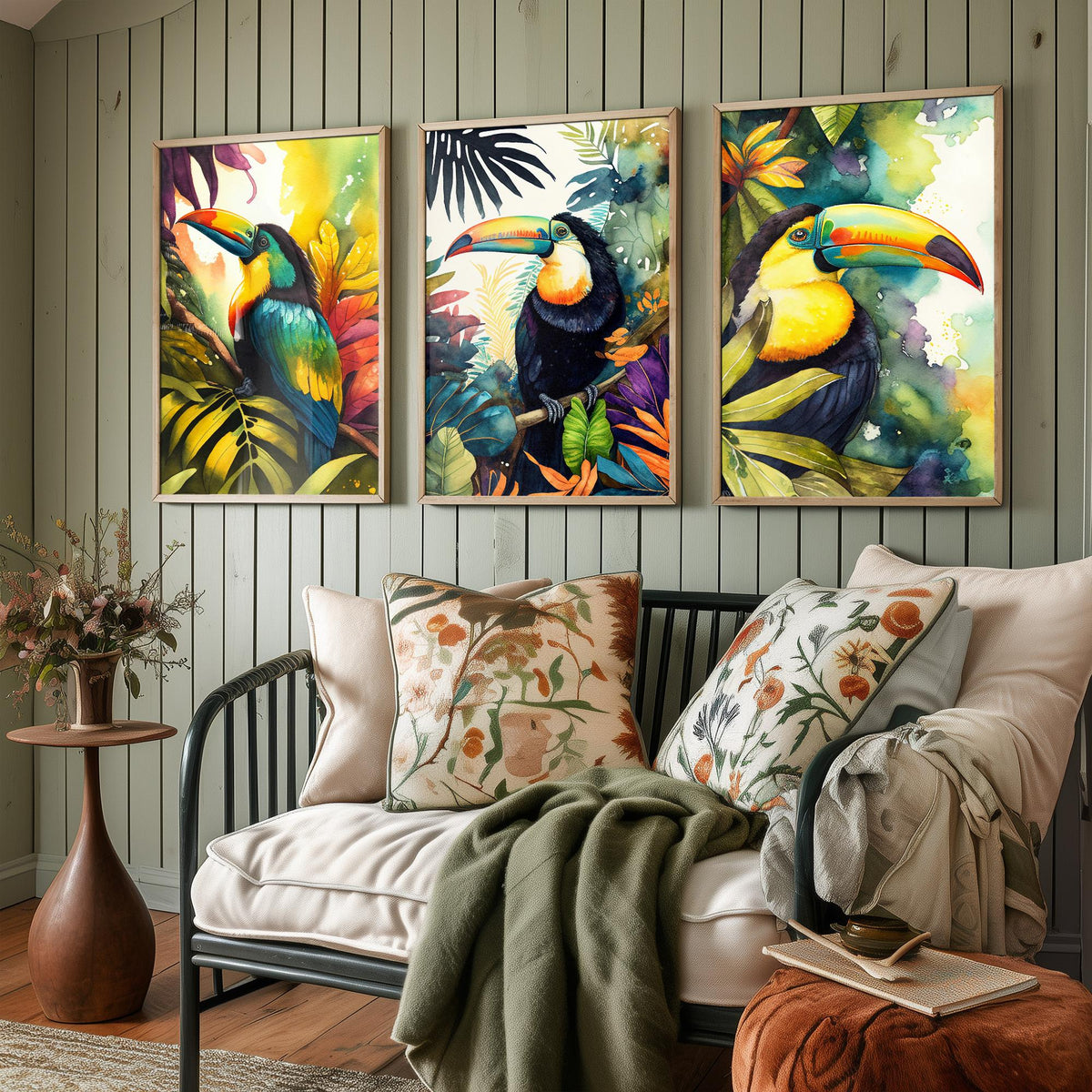 Colourful Toucan Set of Three Art Prints - 3 Tropical Bird Watercolour Paintings - Jungle Leaves Poster