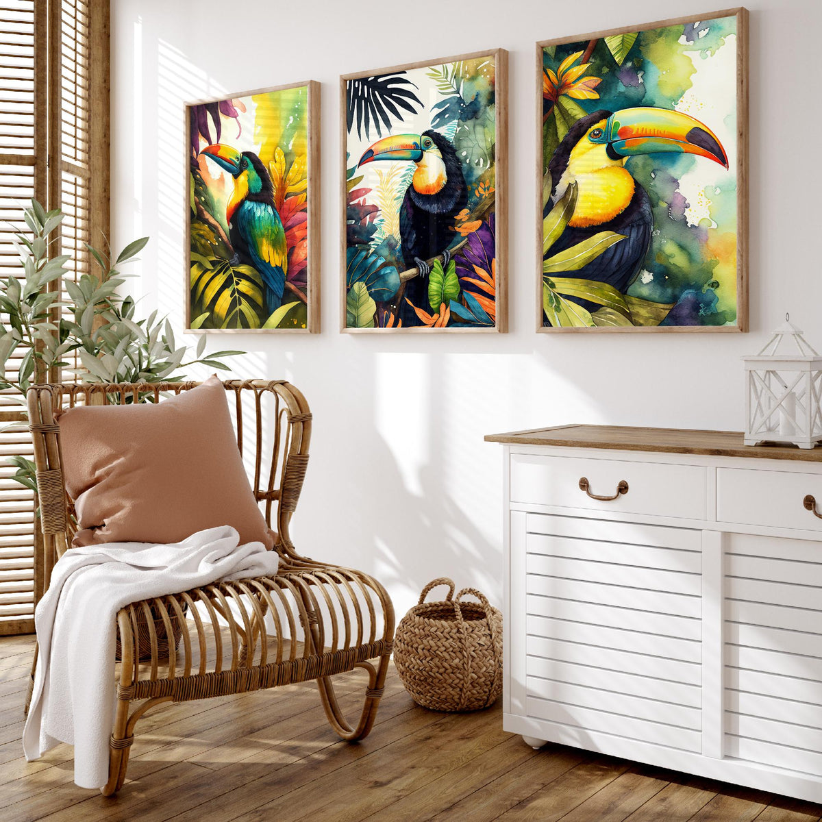 Colourful Toucan Set of Three Art Prints - 3 Tropical Bird Watercolour Paintings - Jungle Leaves Poster