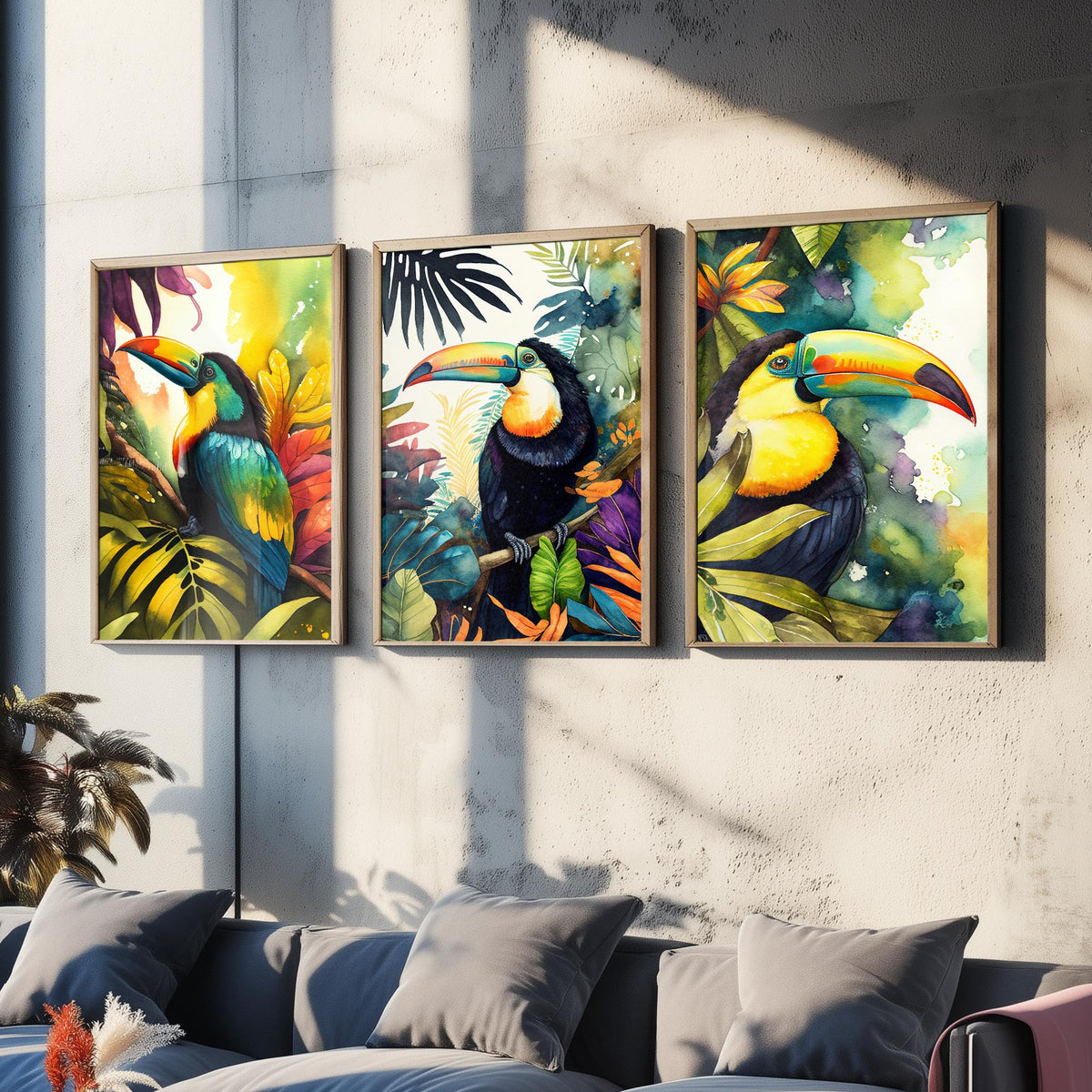 Colourful Toucan Set of Three Art Prints - 3 Tropical Bird Watercolour Paintings - Jungle Leaves Poster