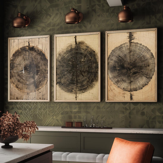 Set of Three Tree Ring Stump Paintings - 3 Natural Pattern Art Prints Poster