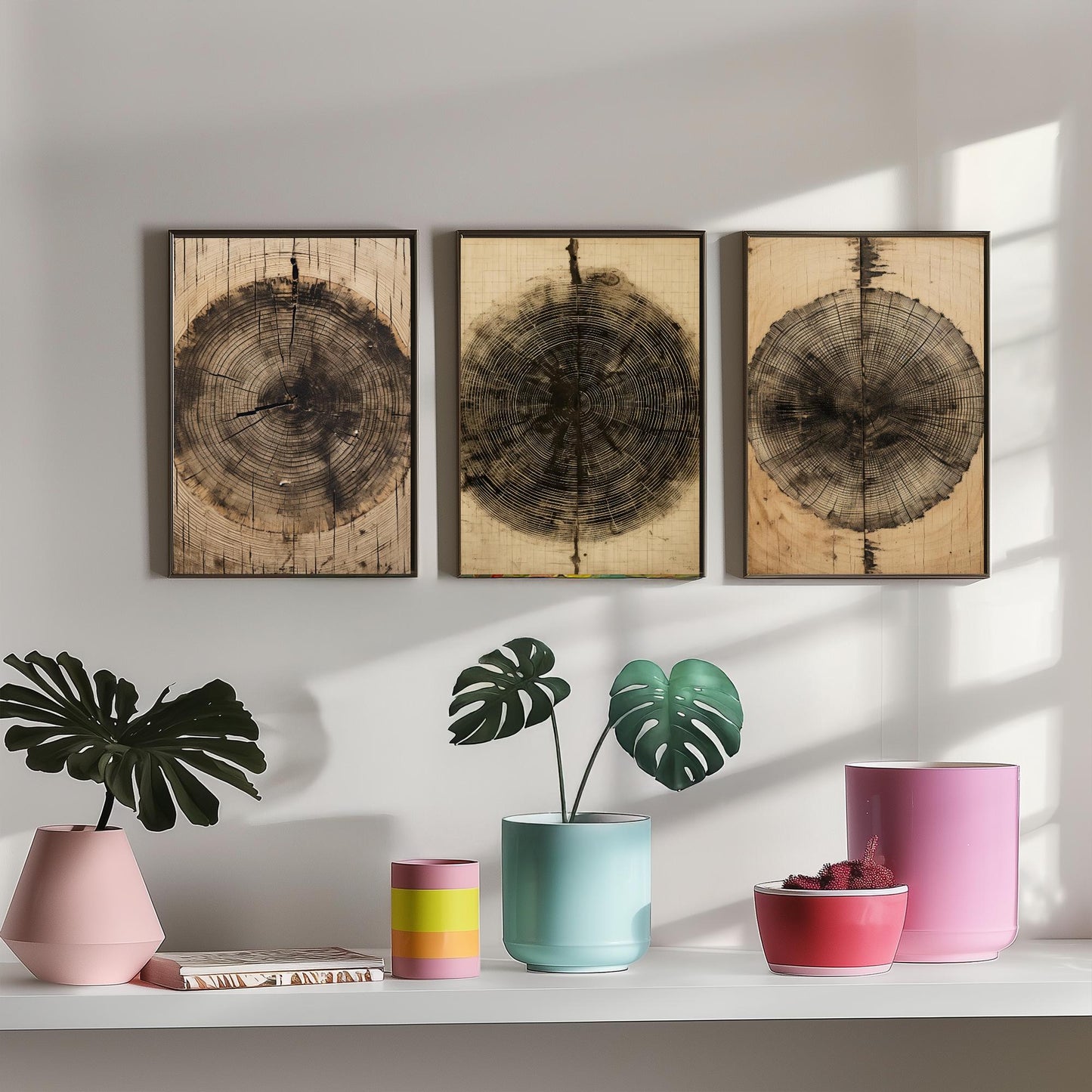 Tree Ring Brown Lines Set of Three Art Prints - 3 Wood Grain Dendrochronology Posters - Rustic Nature Wall Illustration Decor Gift