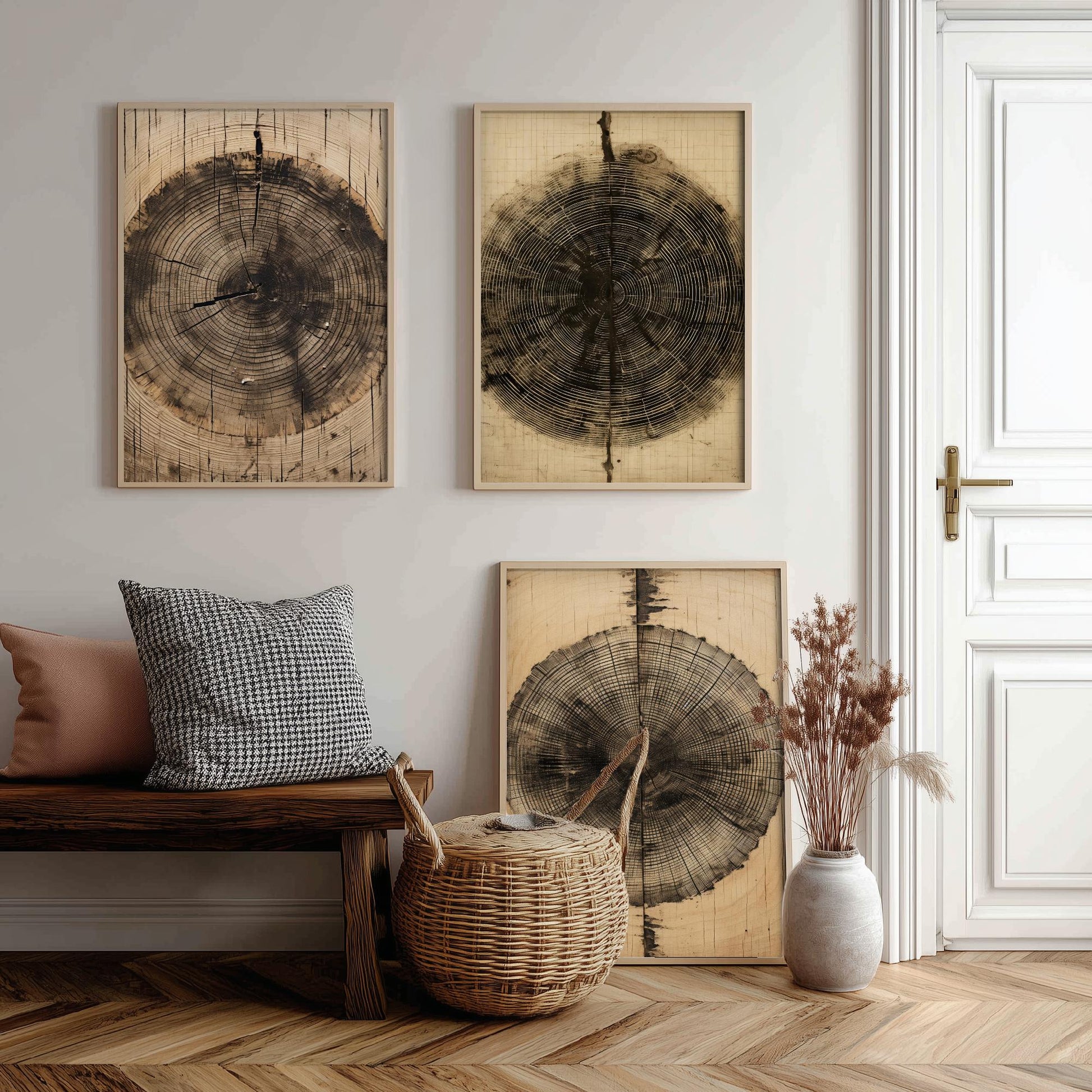 Tree Ring Brown Lines Set of Three Art Prints - 3 Wood Grain Dendrochronology Posters - Rustic Nature Wall Illustration Decor Gift