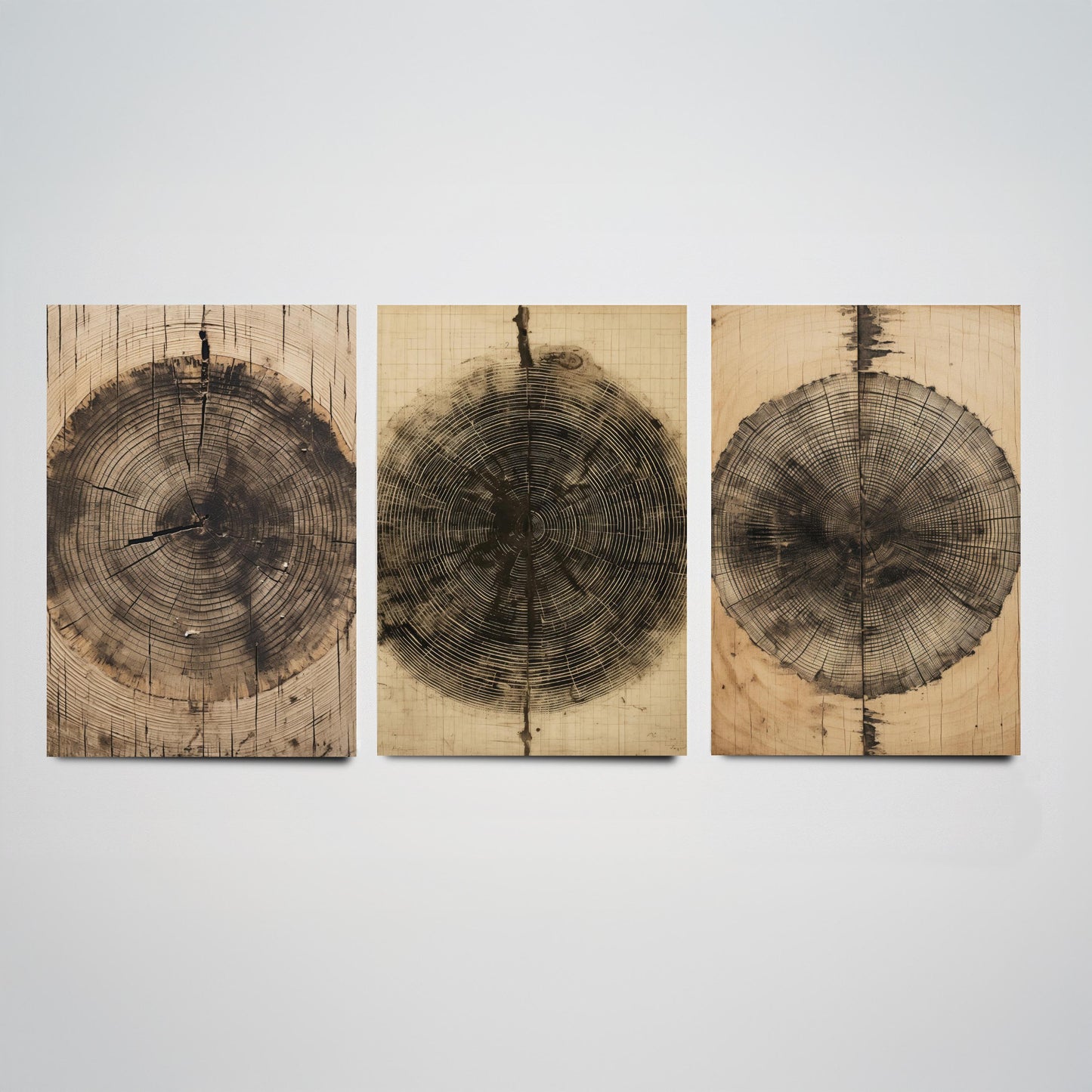 Tree Ring Brown Lines Set of Three Art Prints - 3 Wood Grain Dendrochronology Posters - Rustic Nature Wall Illustration Decor Gift