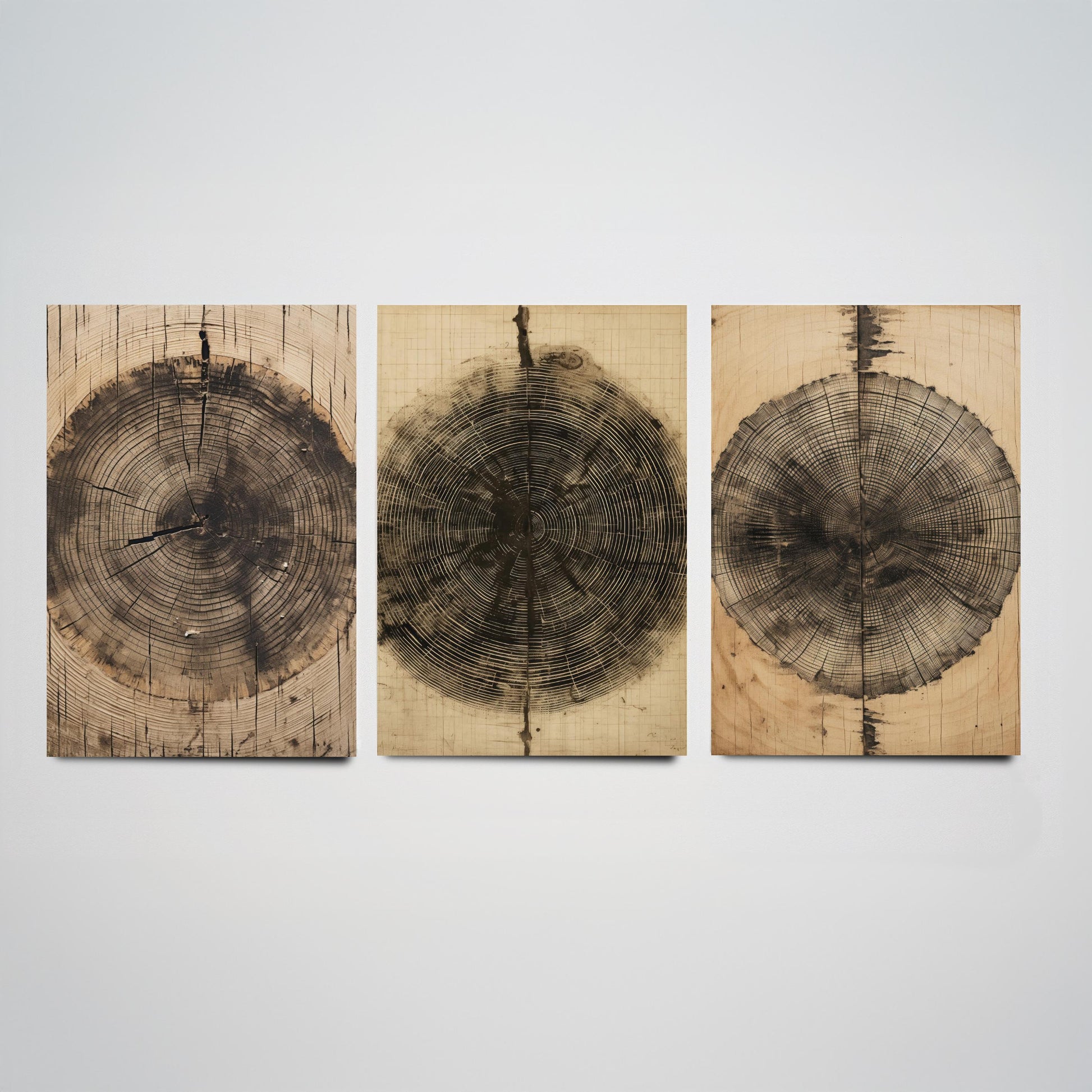 Tree Ring Brown Lines Set of Three Art Prints - 3 Wood Grain Dendrochronology Posters - Rustic Nature Wall Illustration Decor Gift