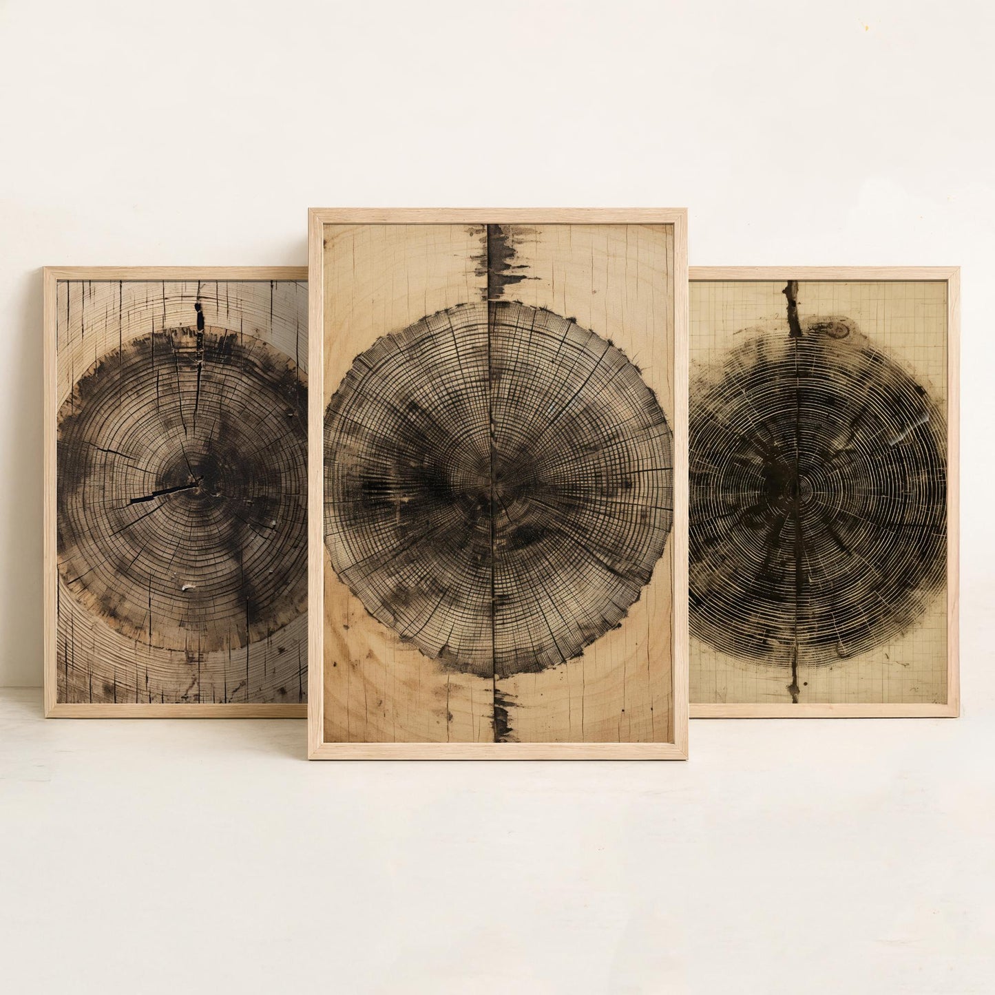 Tree Ring Brown Lines Set of Three Art Prints - 3 Wood Grain Dendrochronology Posters - Rustic Nature Wall Illustration Decor Gift