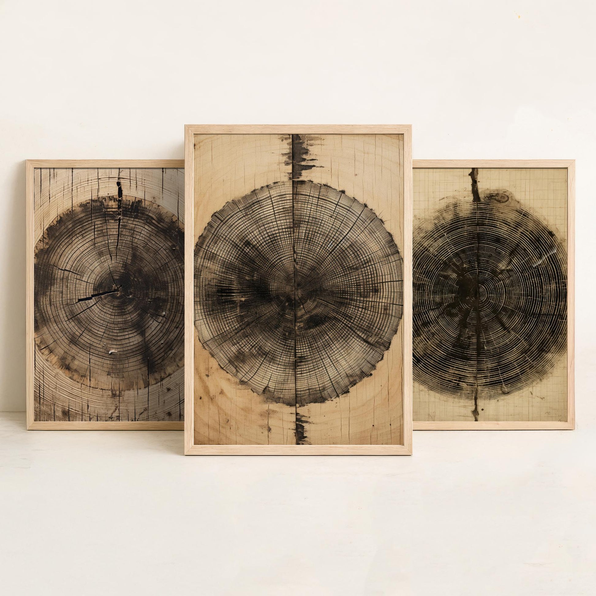 Tree Ring Brown Lines Set of Three Art Prints - 3 Wood Grain Dendrochronology Posters - Rustic Nature Wall Illustration Decor Gift