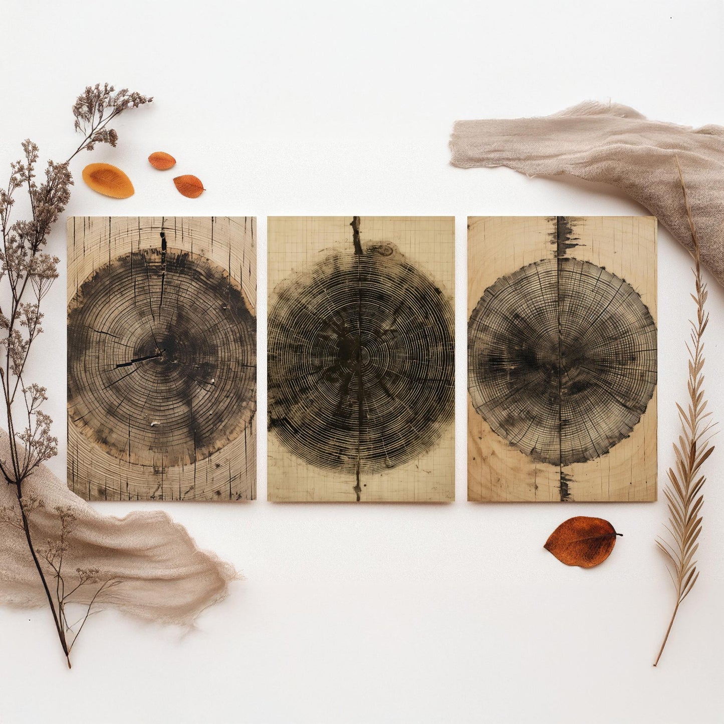 Tree Ring Brown Lines Set of Three Art Prints - 3 Wood Grain Dendrochronology Posters - Rustic Nature Wall Illustration Decor Gift
