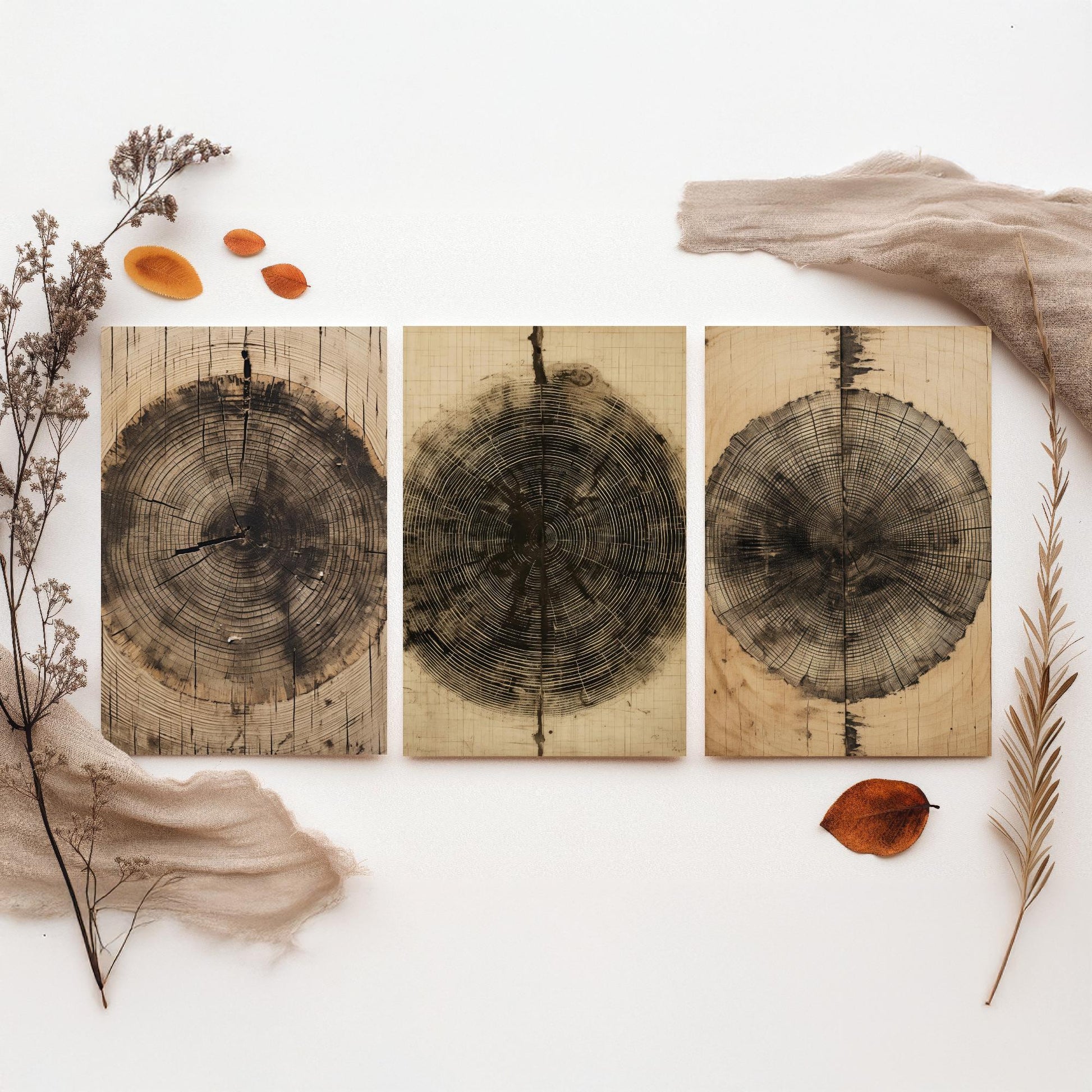 Tree Ring Brown Lines Set of Three Art Prints - 3 Wood Grain Dendrochronology Posters - Rustic Nature Wall Illustration Decor Gift
