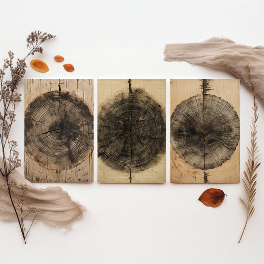 Tree Ring Brown Lines Set of Three Art Prints - 3 Wood Grain Dendrochronology Posters - Rustic Nature Wall Illustration Decor Gift