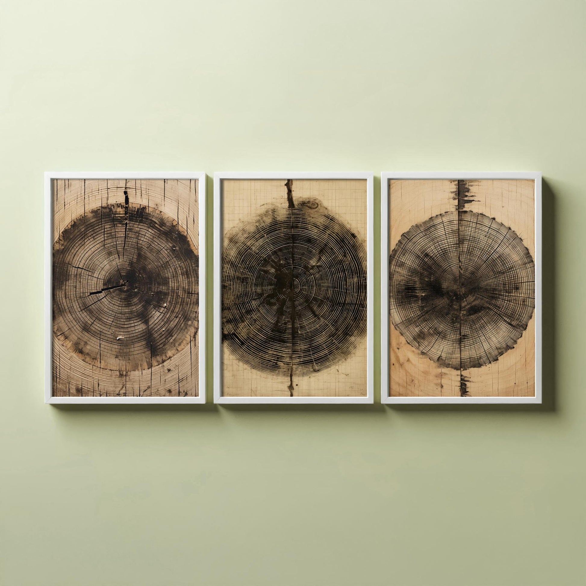 Tree Ring Brown Lines Set of Three Art Prints - 3 Wood Grain Dendrochronology Posters - Rustic Nature Wall Illustration Decor Gift