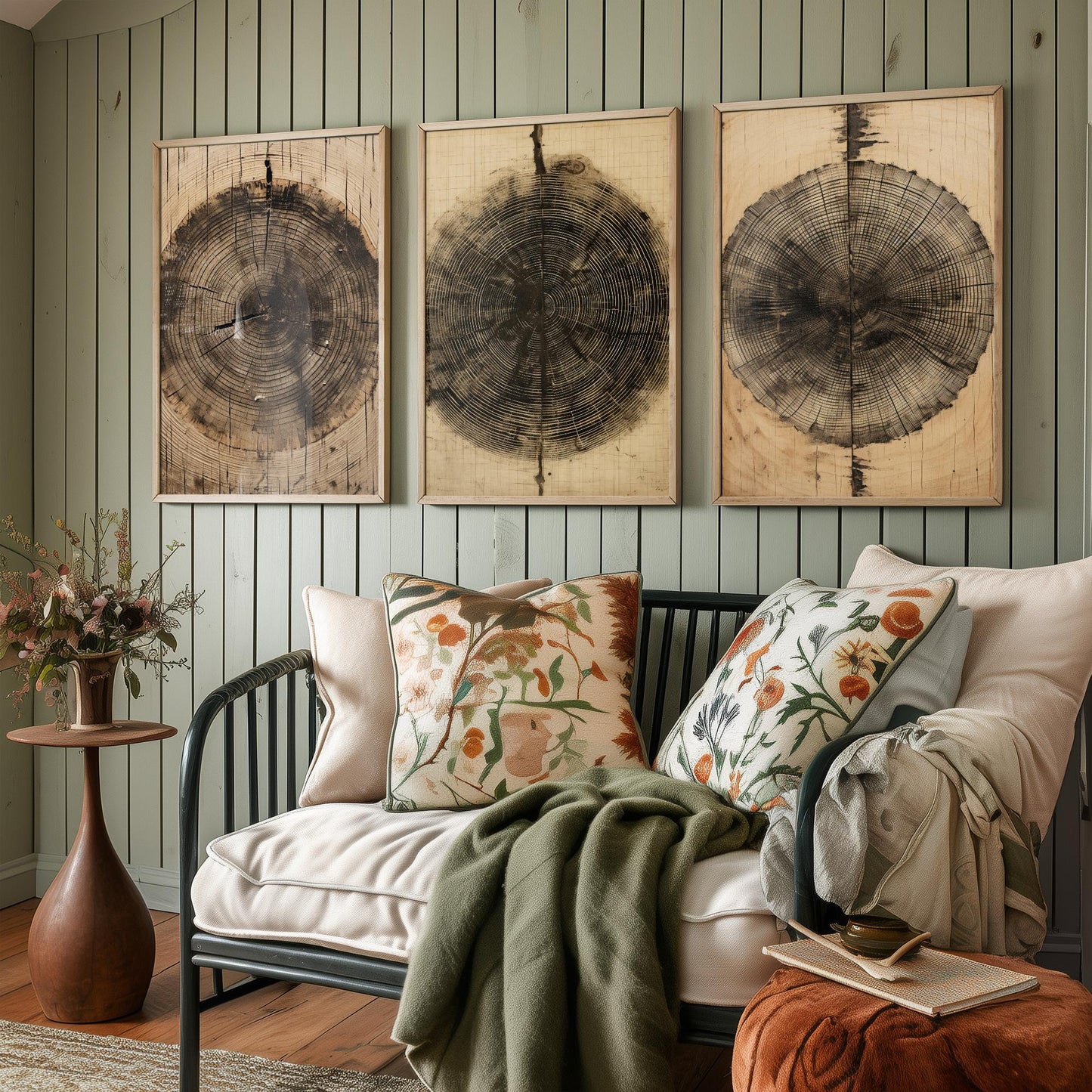 Tree Ring Brown Lines Set of Three Art Prints - 3 Wood Grain Dendrochronology Posters - Rustic Nature Wall Illustration Decor Gift