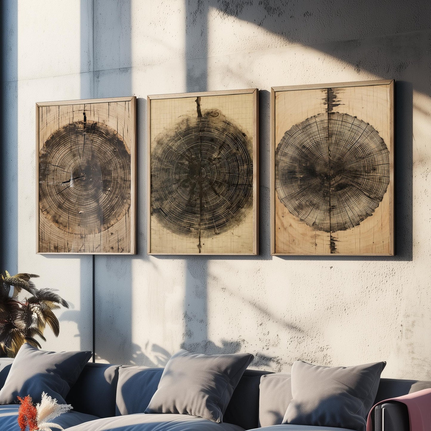 Tree Ring Brown Lines Set of Three Art Prints - 3 Wood Grain Dendrochronology Posters - Rustic Nature Wall Illustration Decor Gift
