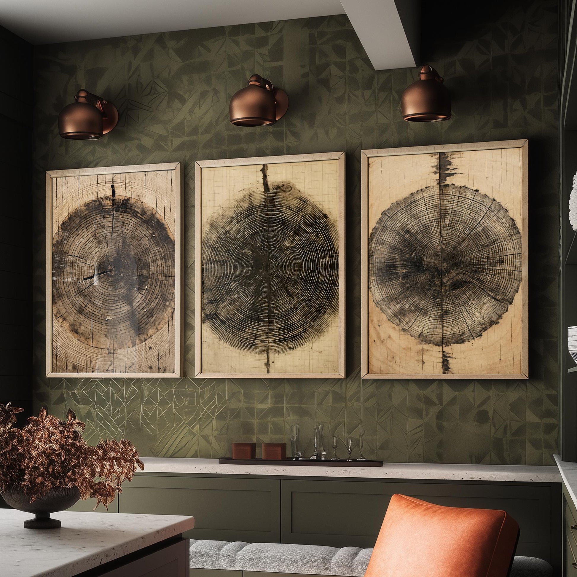 Tree Ring Brown Lines Set of Three Art Prints - 3 Wood Grain Dendrochronology Posters - Rustic Nature Wall Illustration Decor Gift