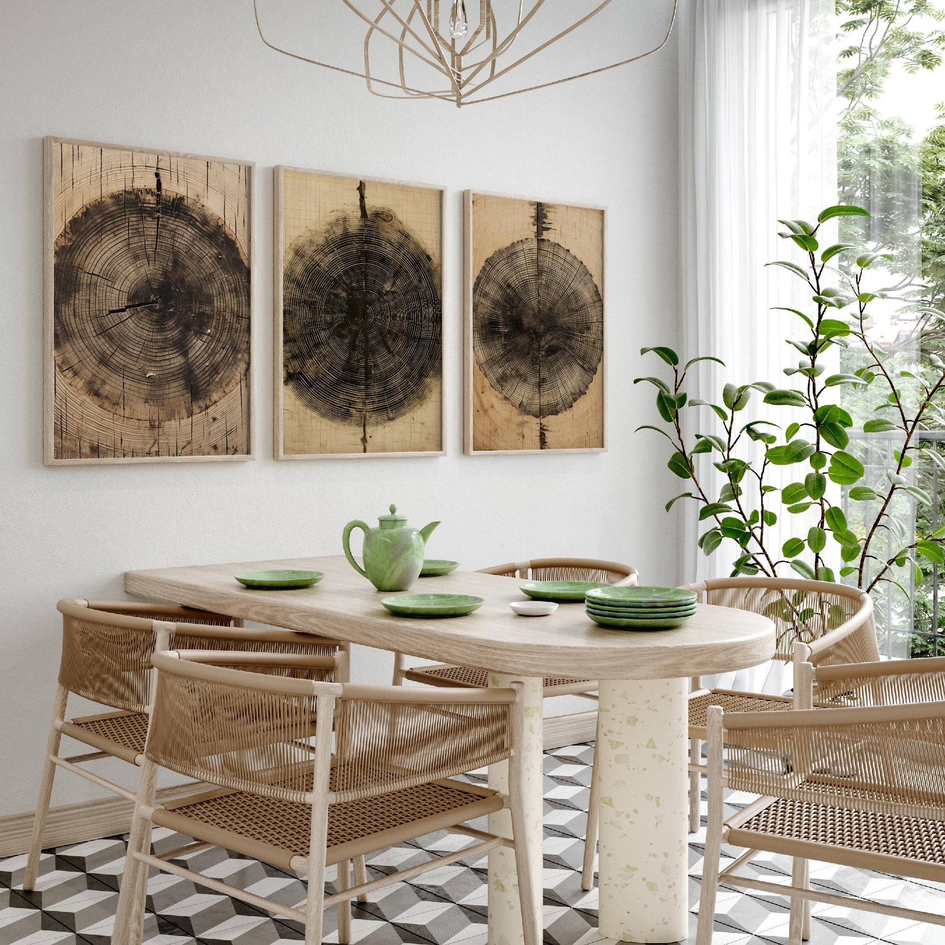 Tree Ring Brown Lines Set of Three Art Prints - 3 Wood Grain Dendrochronology Posters - Rustic Nature Wall Illustration Decor Gift