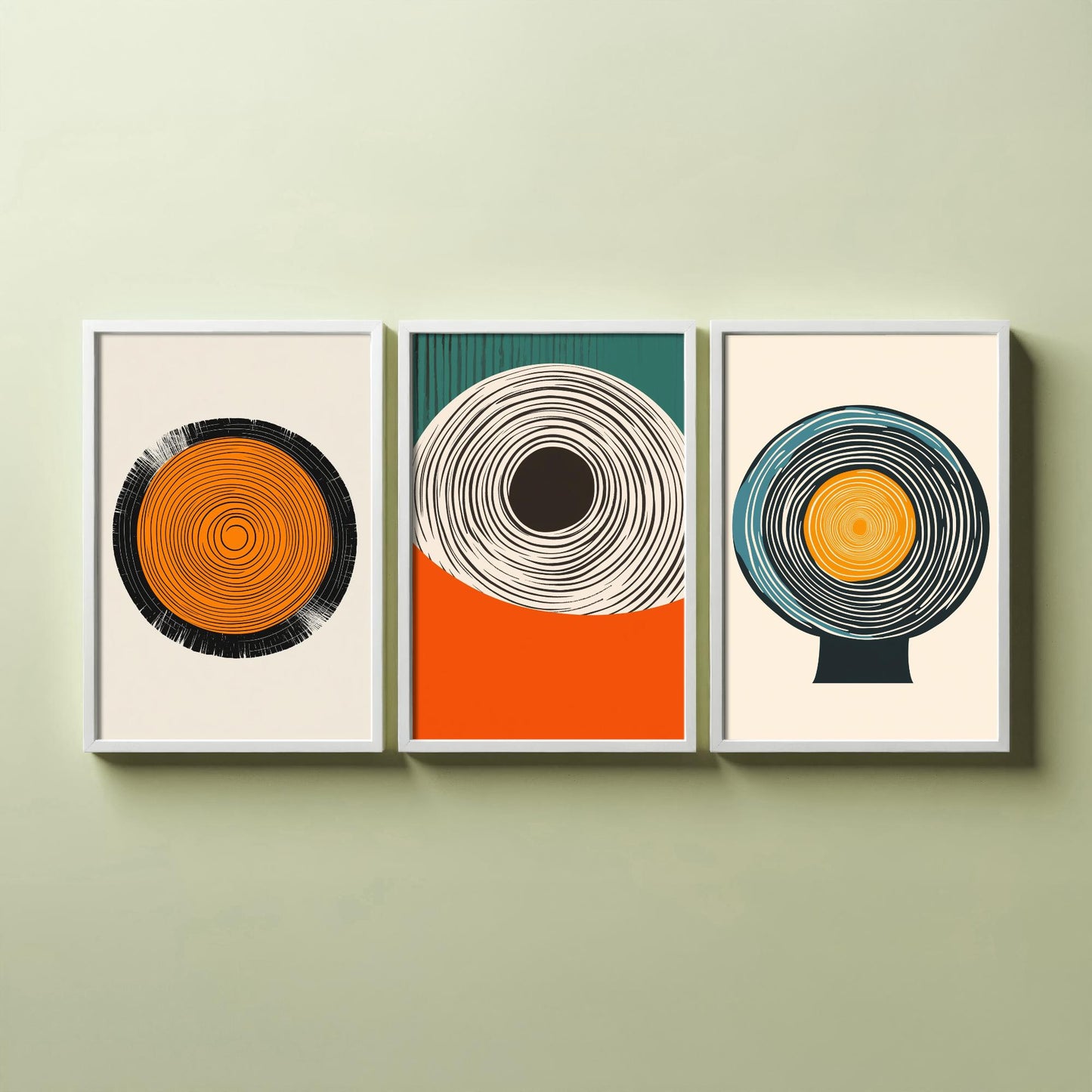 Tree Ring Geometry Set of Three Art Prints - 3 Mid Century Modern Concentric Circle Posters - Orange Teal Abstract Illustration Decor