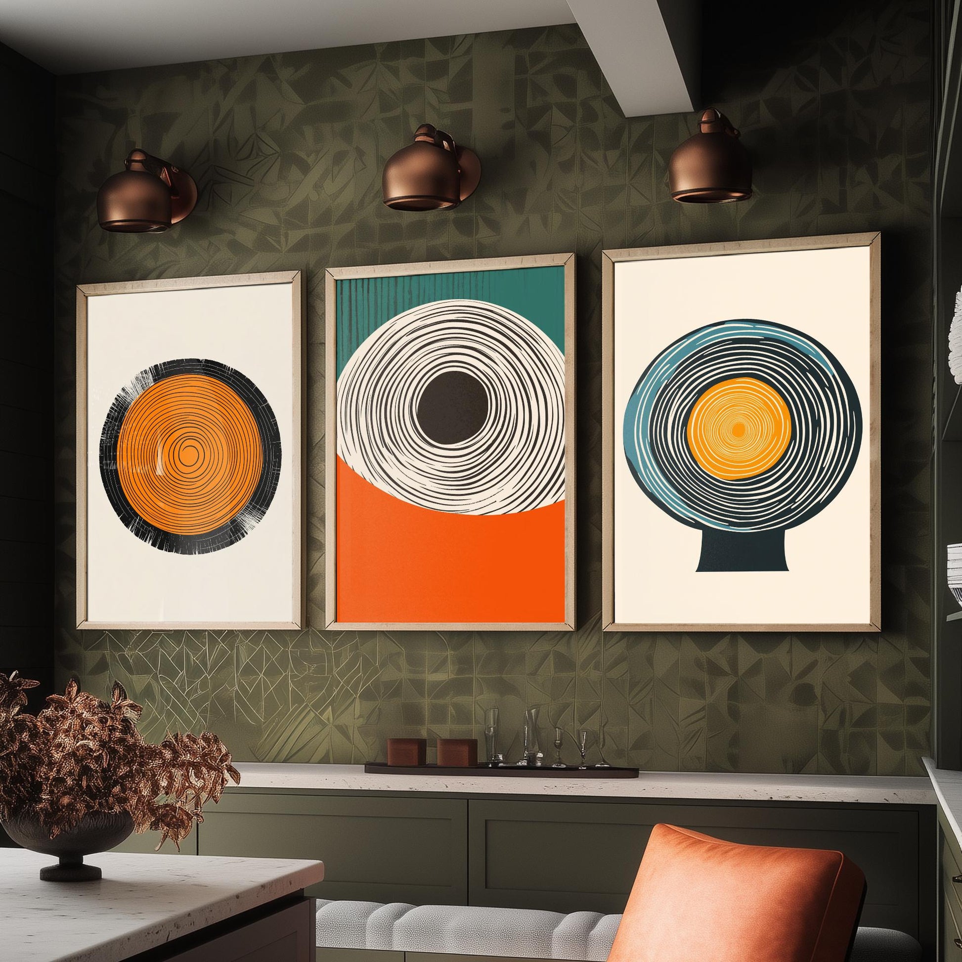 Tree Ring Geometry Set of Three Art Prints - 3 Mid Century Modern Concentric Circle Posters - Orange Teal Abstract Illustration Decor