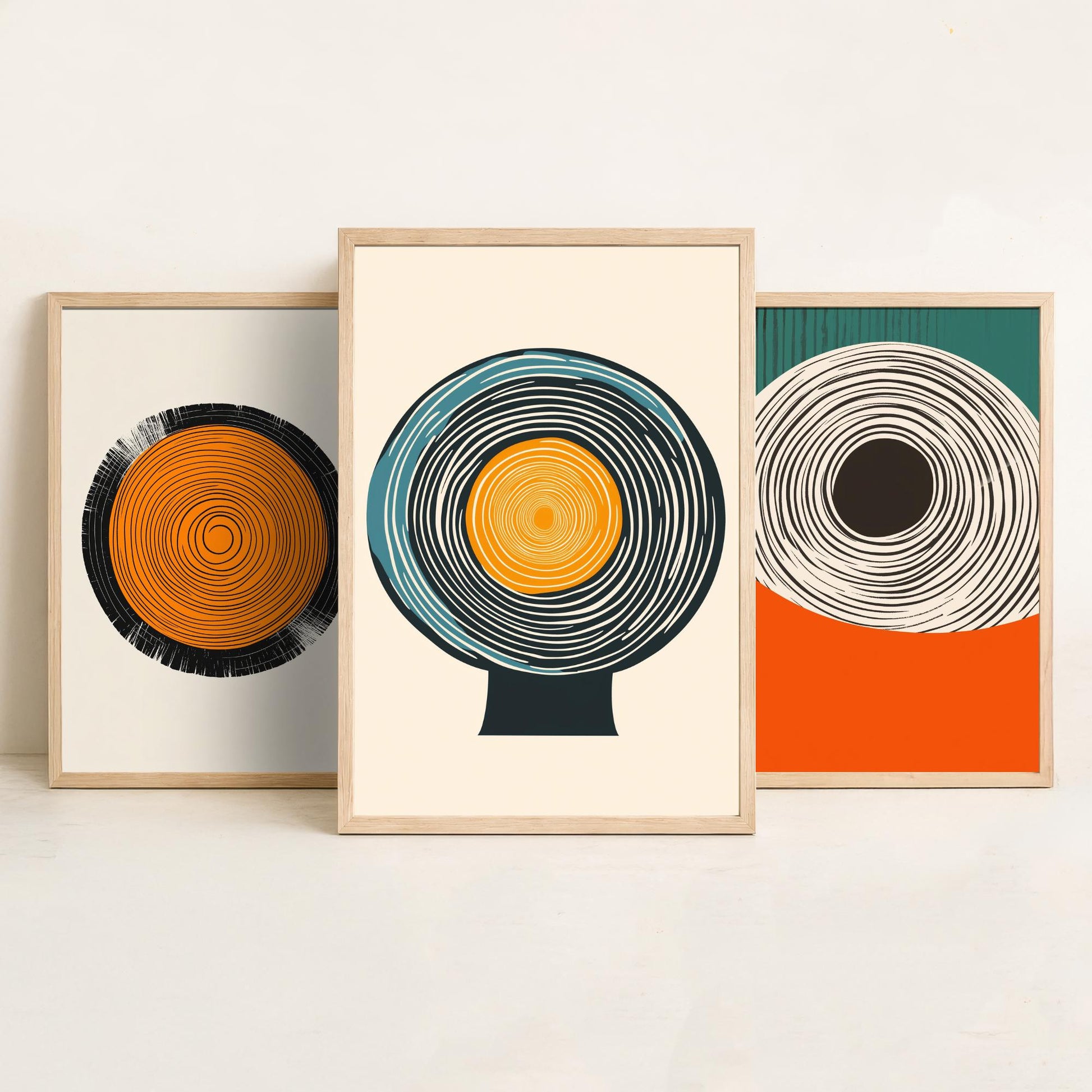 Tree Ring Geometry Set of Three Art Prints - 3 Mid Century Modern Concentric Circle Posters - Orange Teal Abstract Illustration Decor