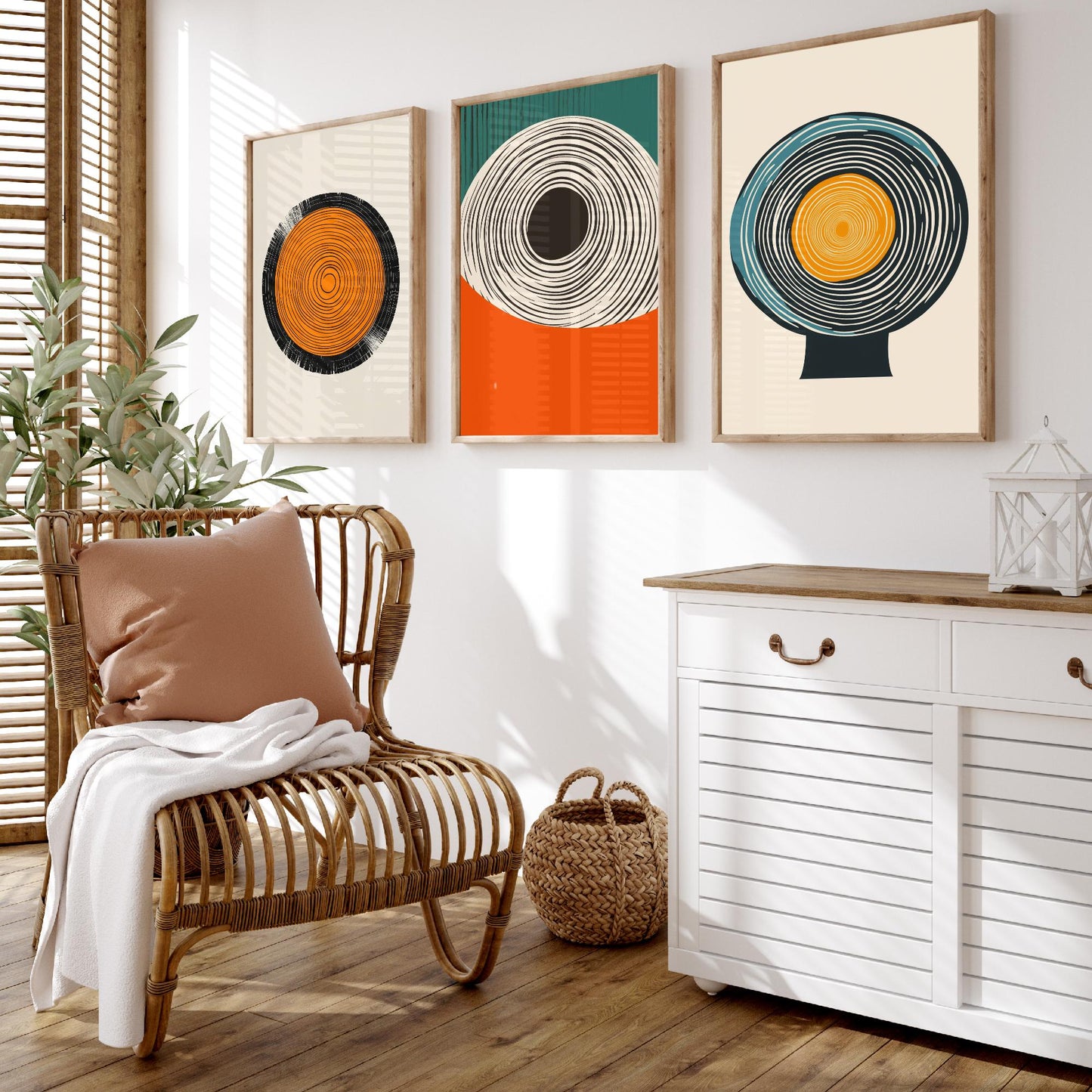 Tree Ring Geometry Set of Three Art Prints - 3 Mid Century Modern Concentric Circle Posters - Orange Teal Abstract Illustration Decor