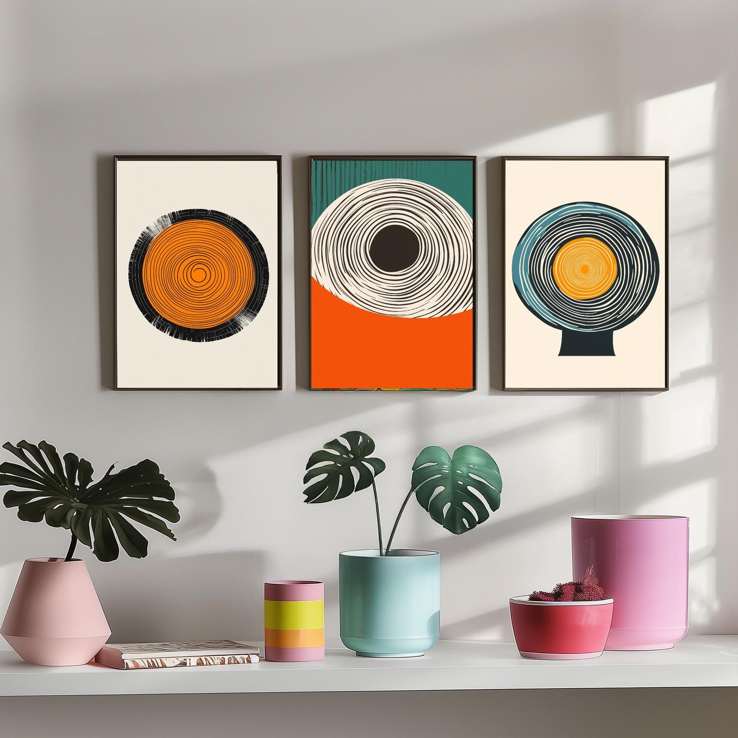 Tree Ring Geometry Set of Three Art Prints - 3 Mid Century Modern Concentric Circle Posters - Orange Teal Abstract Illustration Decor
