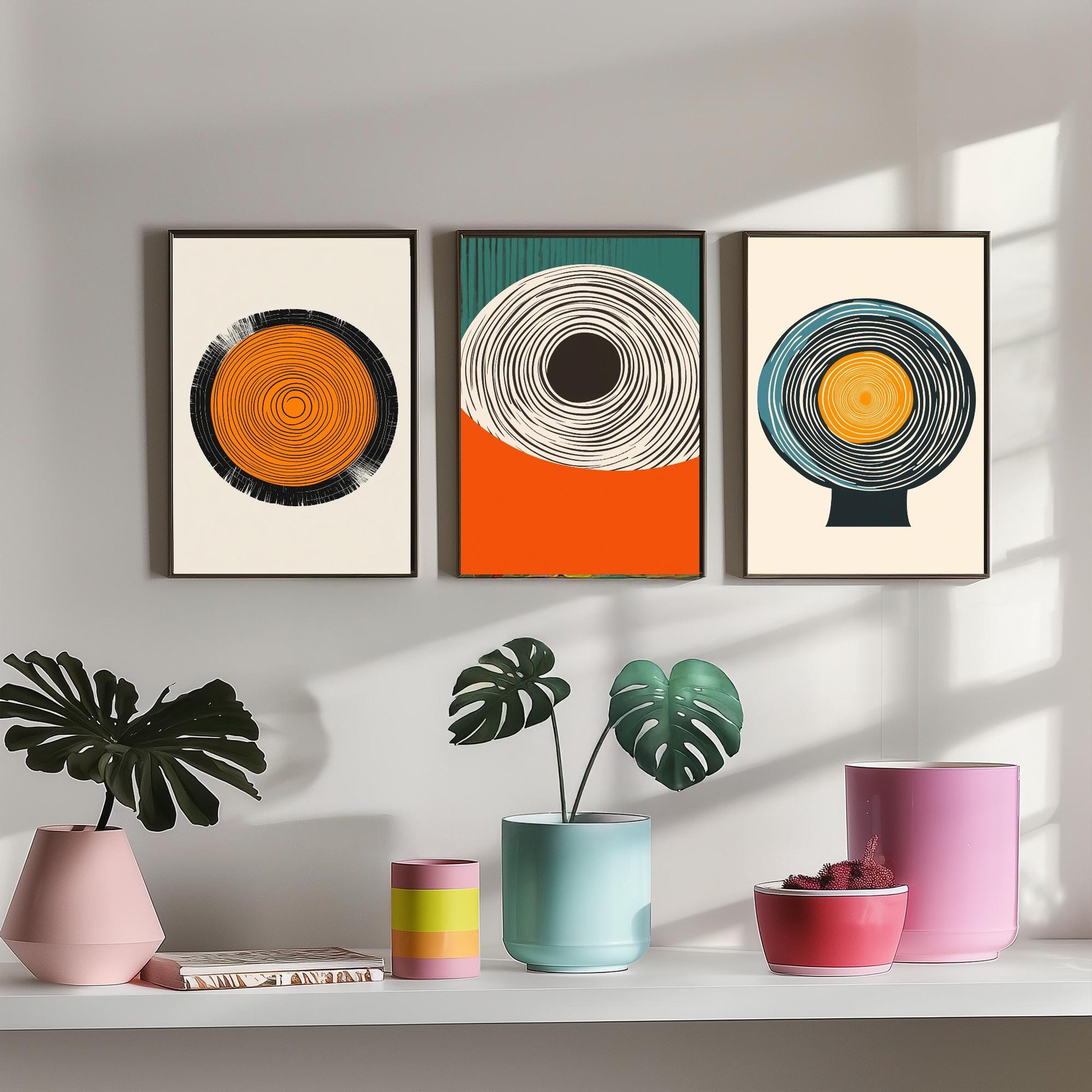 Tree Ring Geometry Set of Three Art Prints - 3 Mid Century Modern Concentric Circle Posters - Orange Teal Abstract Illustration Decor