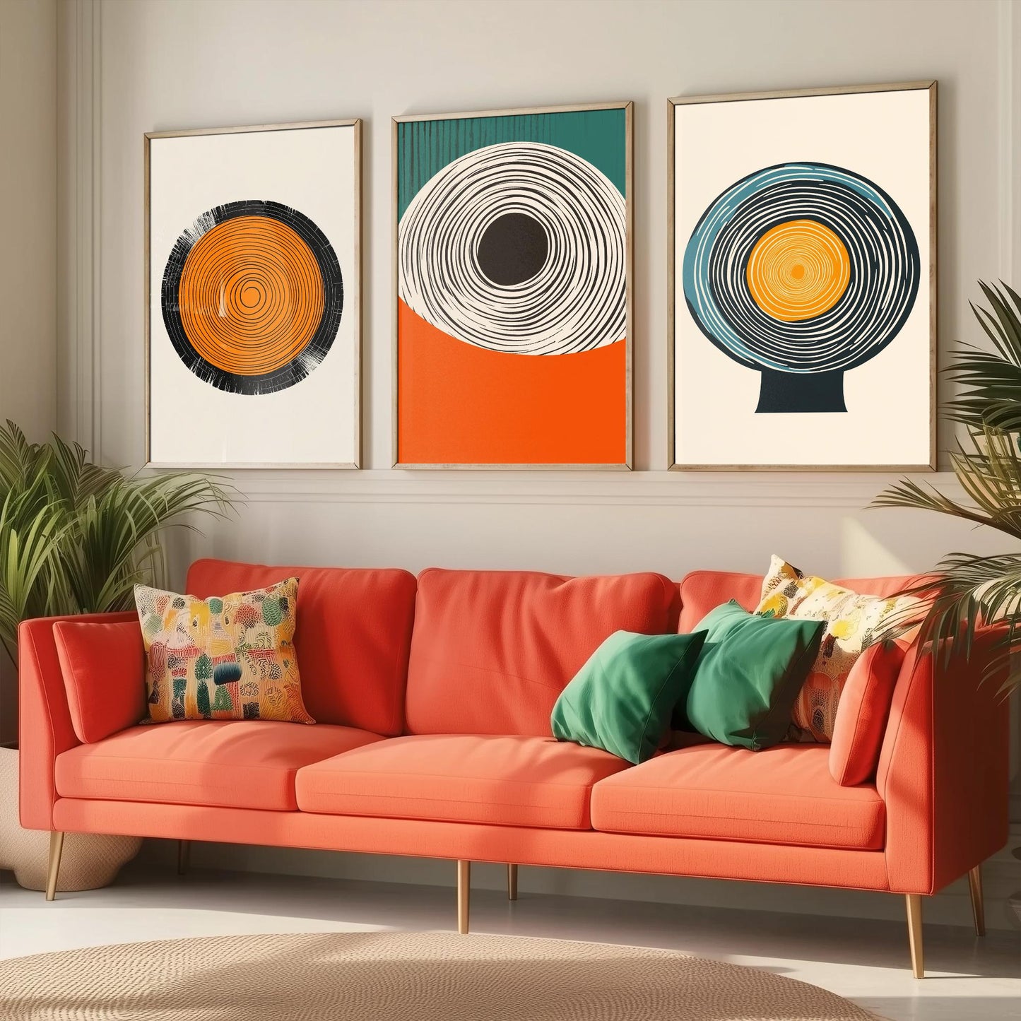 Tree Ring Geometry Set of Three Art Prints - 3 Mid Century Modern Concentric Circle Posters - Orange Teal Abstract Illustration Decor