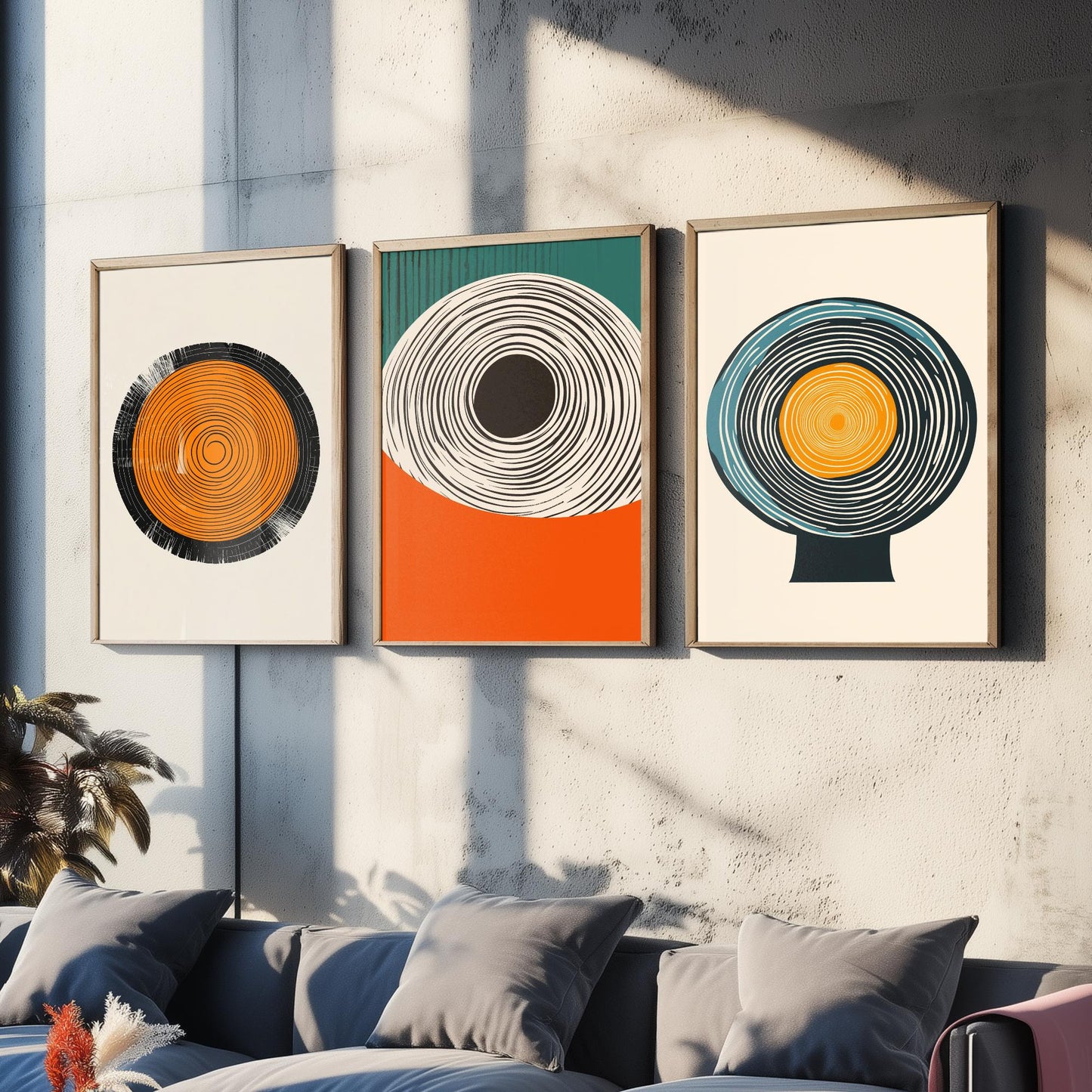 Tree Ring Geometry Set of Three Art Prints - 3 Mid Century Modern Concentric Circle Posters - Orange Teal Abstract Illustration Decor