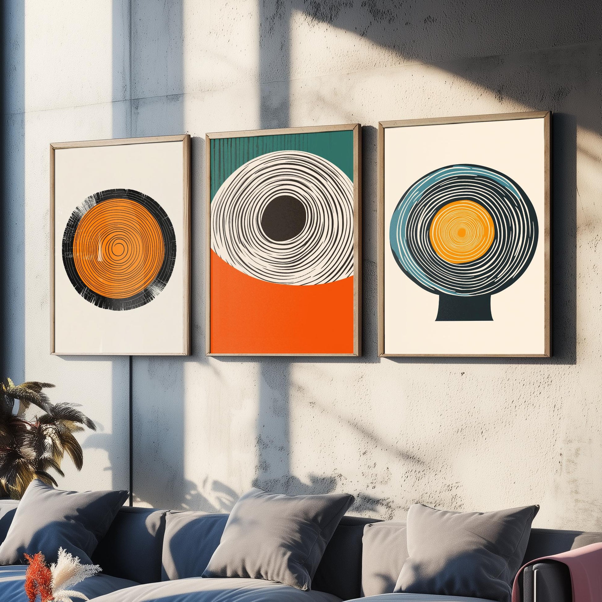 Tree Ring Geometry Set of Three Art Prints - 3 Mid Century Modern Concentric Circle Posters - Orange Teal Abstract Illustration Decor