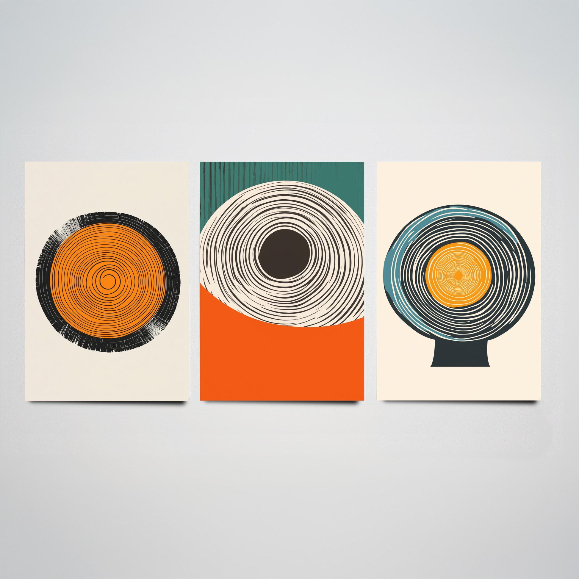 Tree Ring Geometry Set of Three Art Prints - 3 Mid Century Modern Concentric Circle Posters - Orange Teal Abstract Illustration Decor