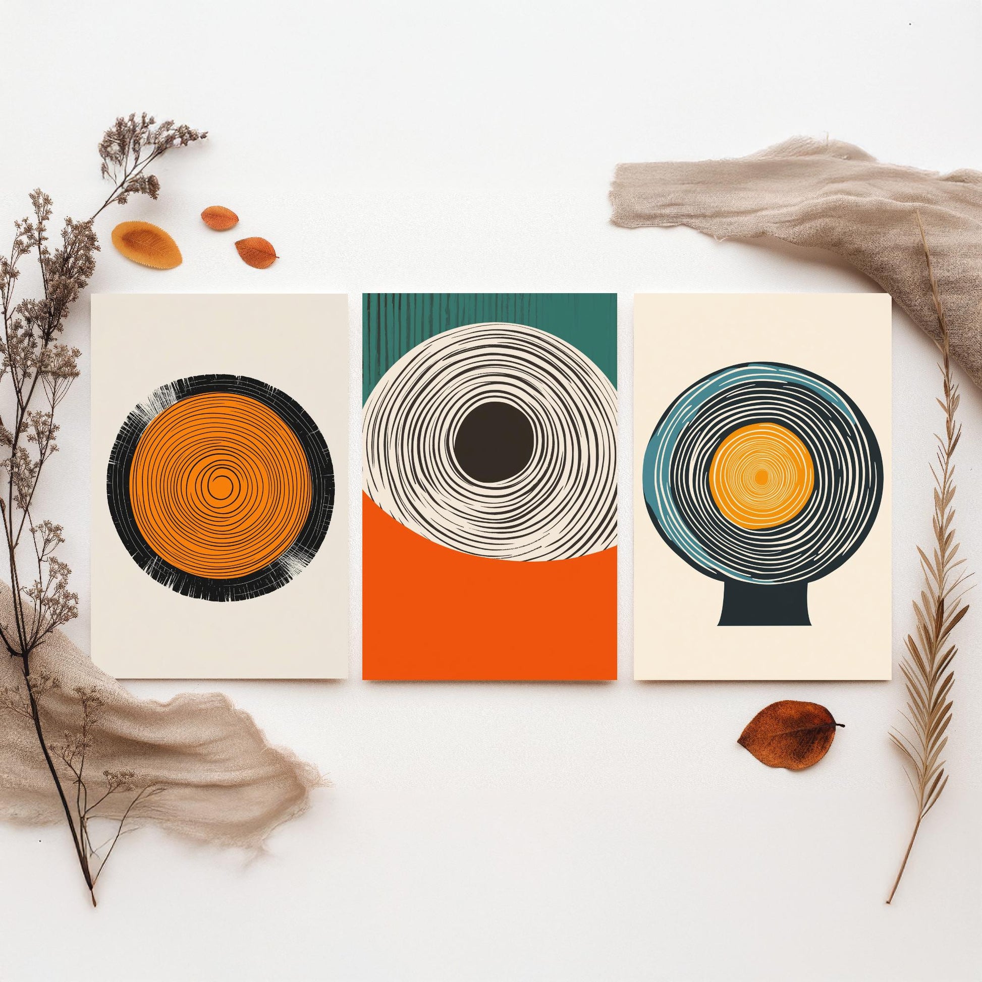 Tree Ring Geometry Set of Three Art Prints - 3 Mid Century Modern Concentric Circle Posters - Orange Teal Abstract Illustration Decor
