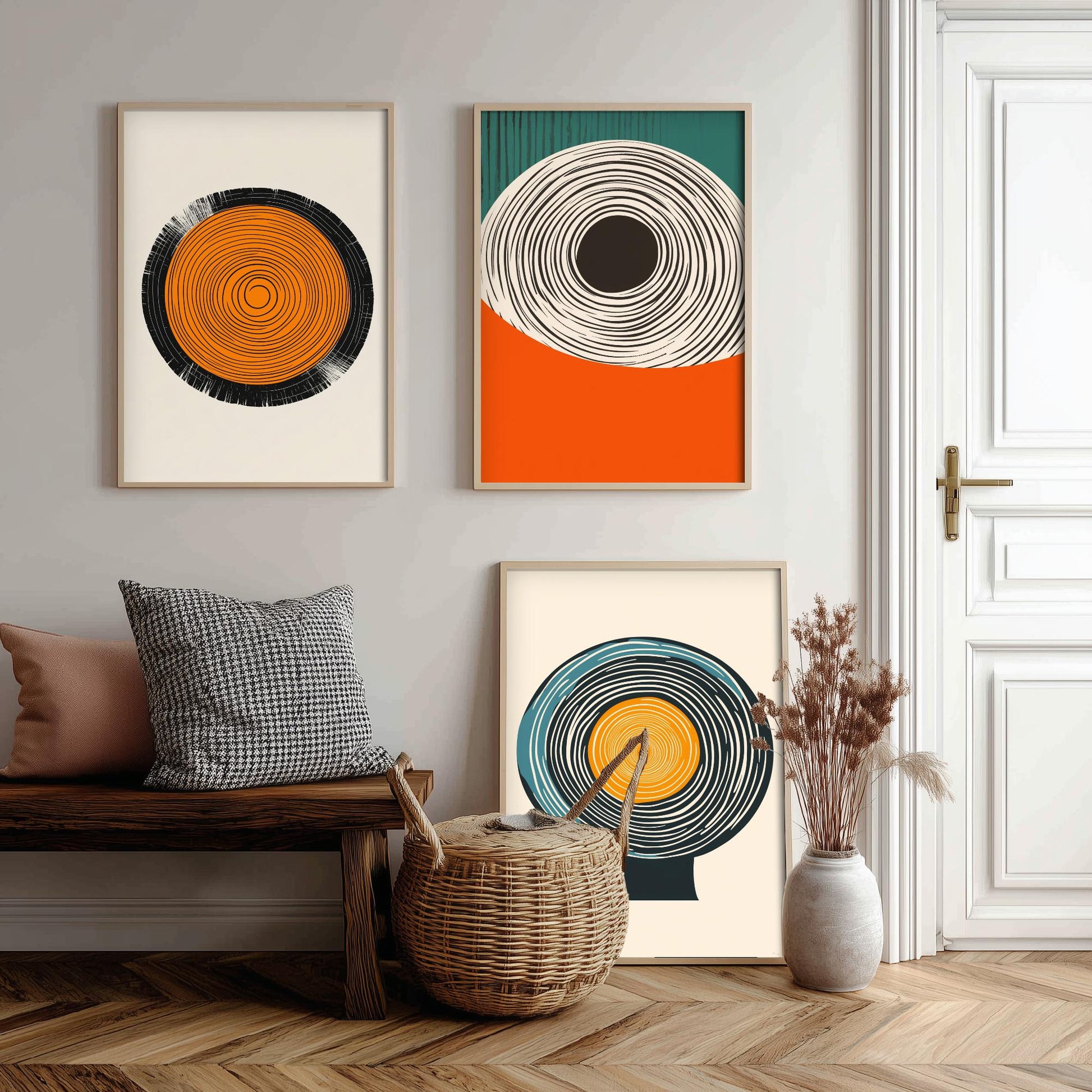 Tree Ring Geometry Set of Three Art Prints - 3 Mid Century Modern Concentric Circle Posters - Orange Teal Abstract Illustration Decor