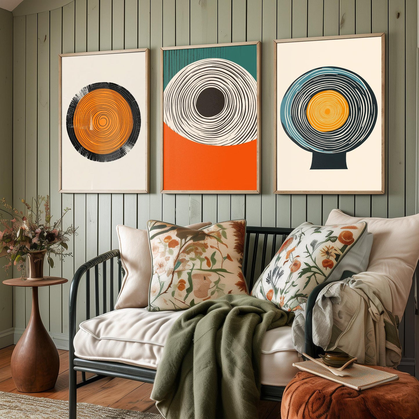 Tree Ring Geometry Set of Three Art Prints - 3 Mid Century Modern Concentric Circle Posters - Orange Teal Abstract Illustration Decor