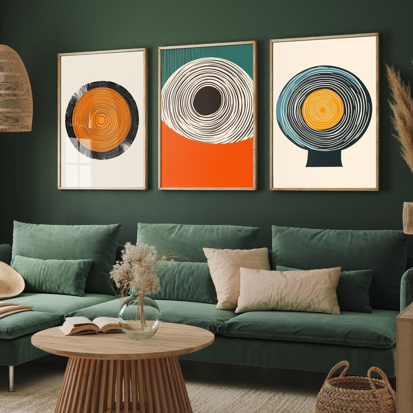 Tree Ring Geometry Set of Three Art Prints - 3 Mid Century Modern Concentric Circle Posters - Orange Teal Abstract Illustration Decor
