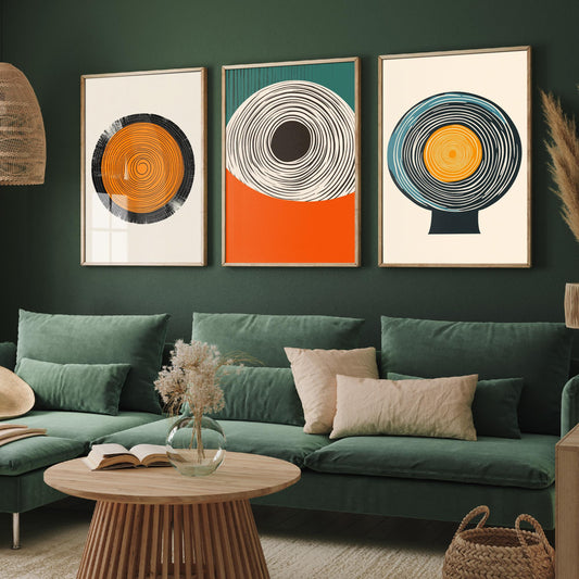 Tree Ring Geometry Set of Three Art Prints - 3 Mid Century Modern Concentric Circle Posters - Orange Teal Abstract Illustration Decor