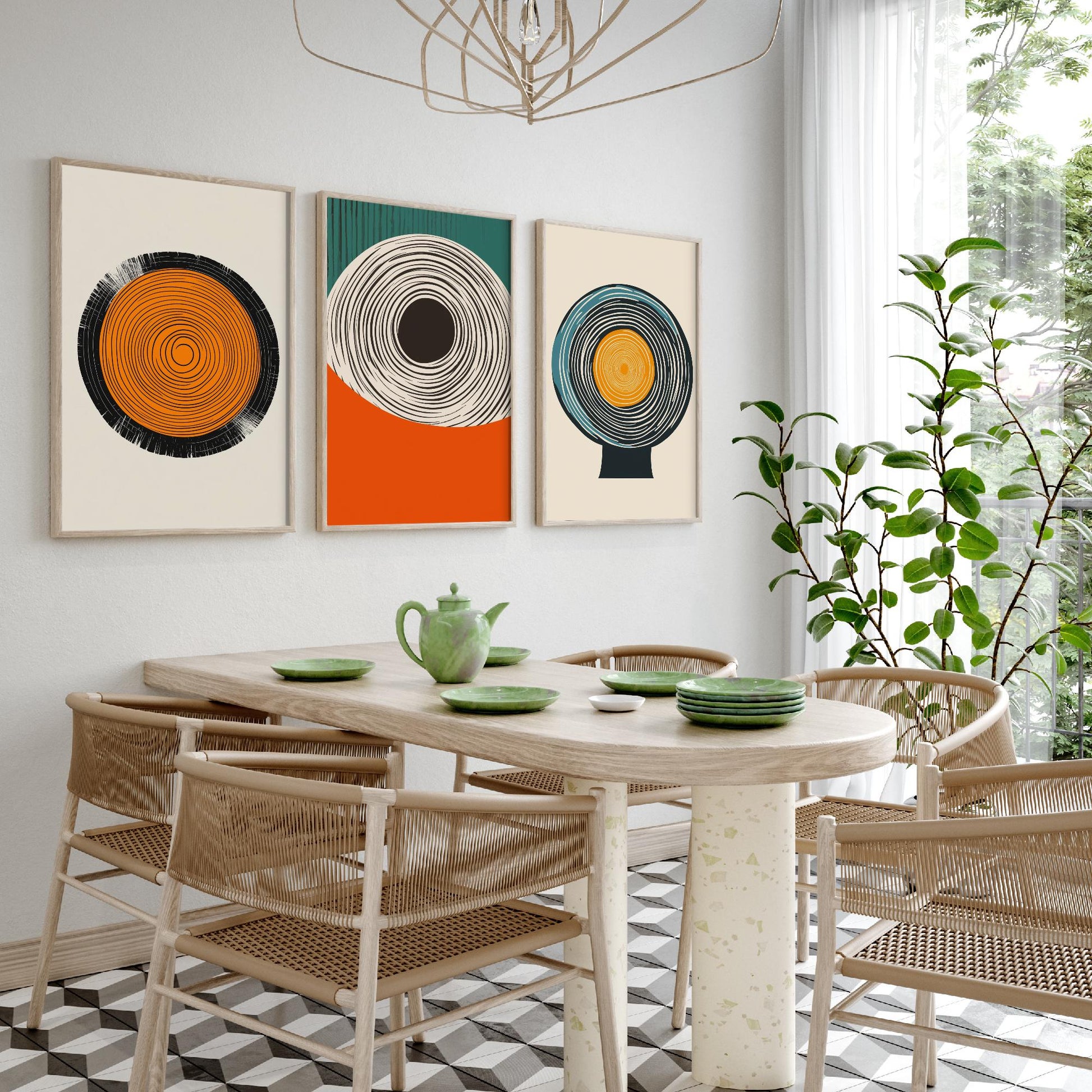 Tree Ring Geometry Set of Three Art Prints - 3 Mid Century Modern Concentric Circle Posters - Orange Teal Abstract Illustration Decor
