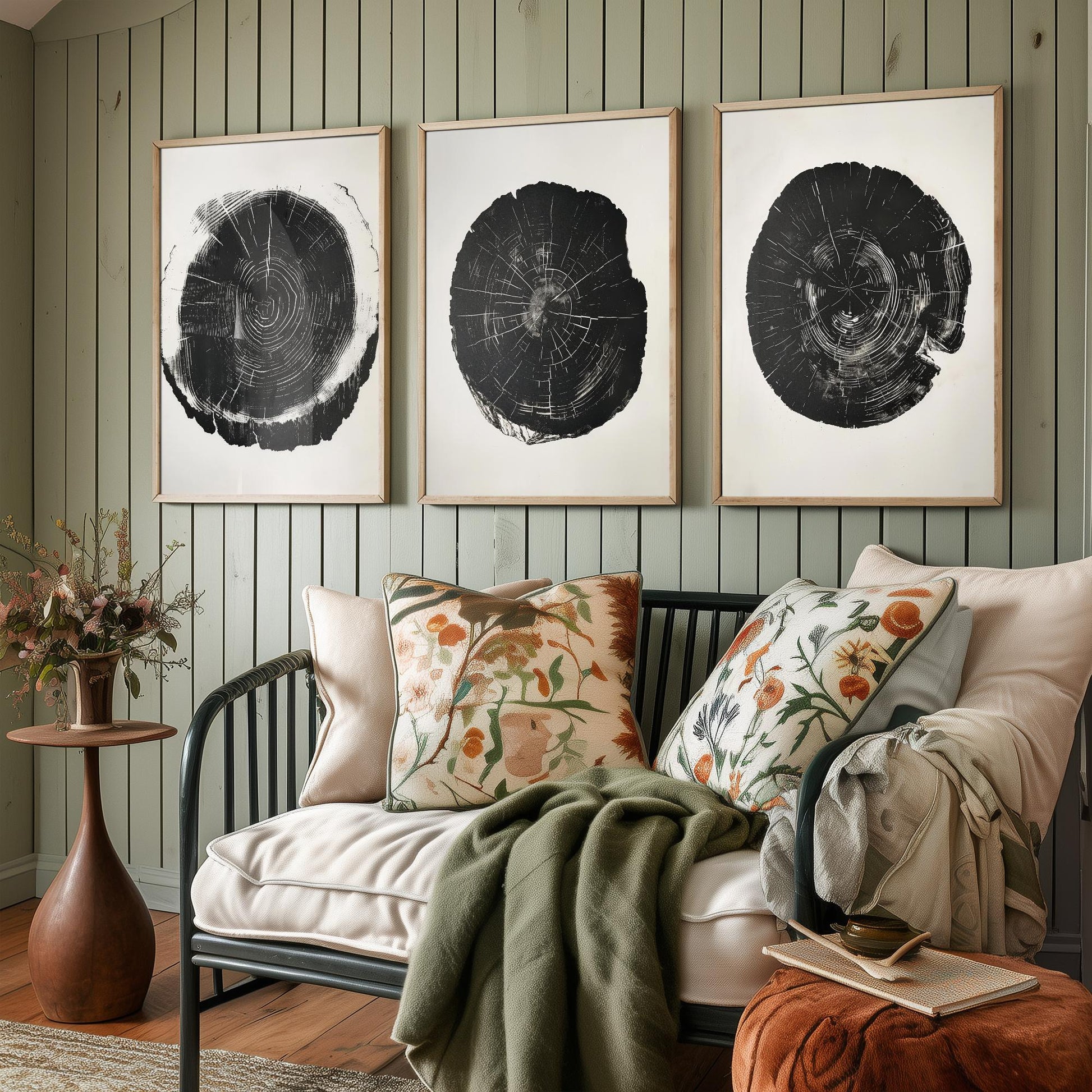 Bold Black Ink Tree Ring Set of Three Art Prints Poster Illustration Decor